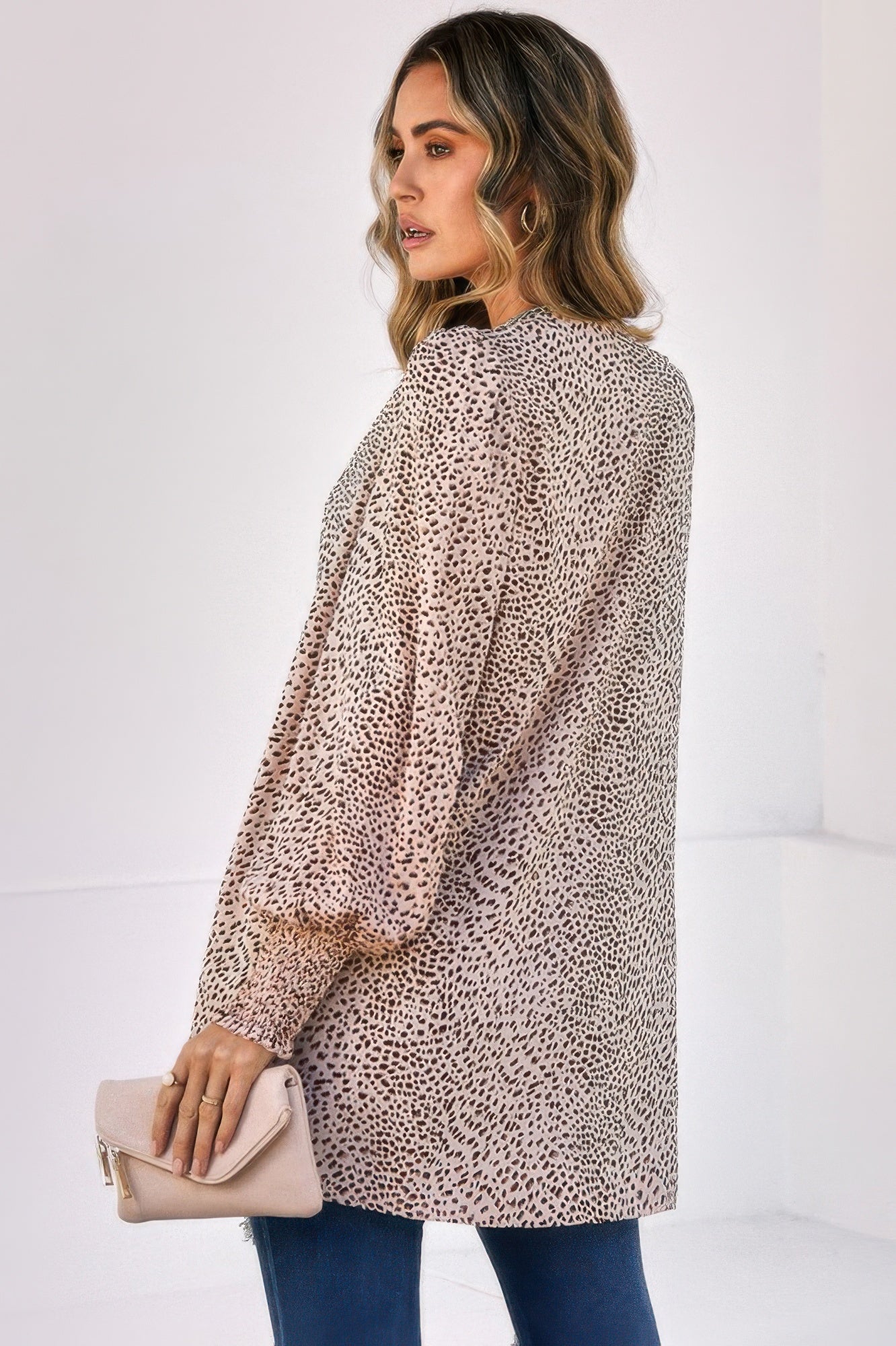 Allover Print Shirred Cuff Lantern Sleeve Kimono - REPUBLIC FASHION STORE