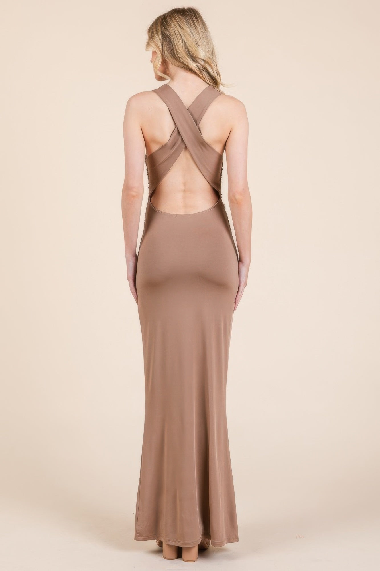 Cowl Neck Cross Back Shirring Maxi Dress - REPUBLIC FASHION
