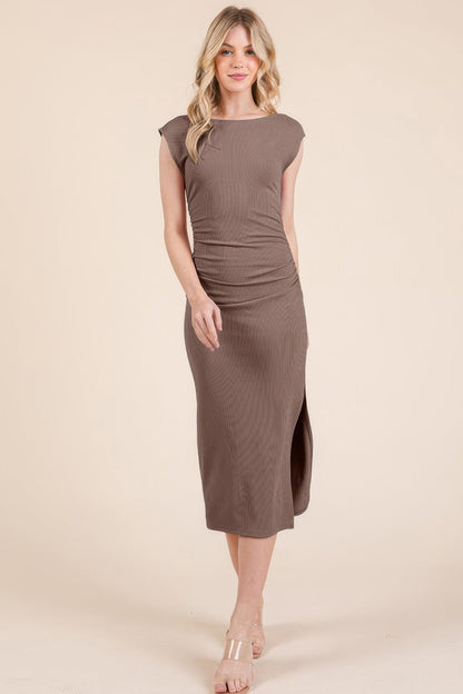 Cap Sleeve Boatneck Open Back Midi Dress - REPUBLIC FASHION