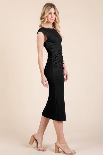 Cap Sleeve Boatneck Open Back Midi Dress - REPUBLIC FASHION