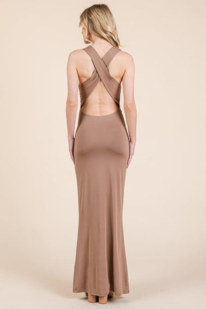 Cowl Neck Cross Back Shirring Maxi Dress - REPUBLIC FASHION