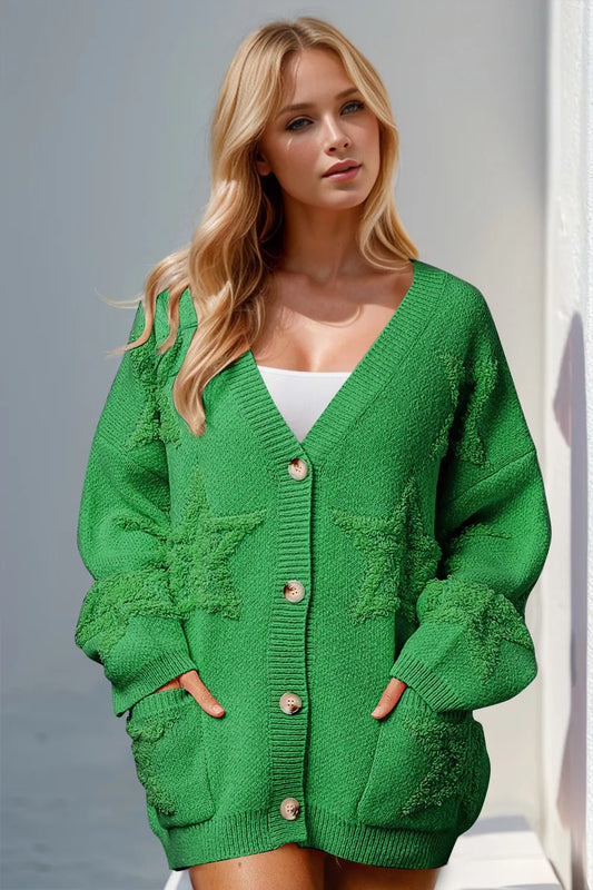 Double Take Full Size Button Up Star Pattern Cardigan - REPUBLIC FASHION STORE