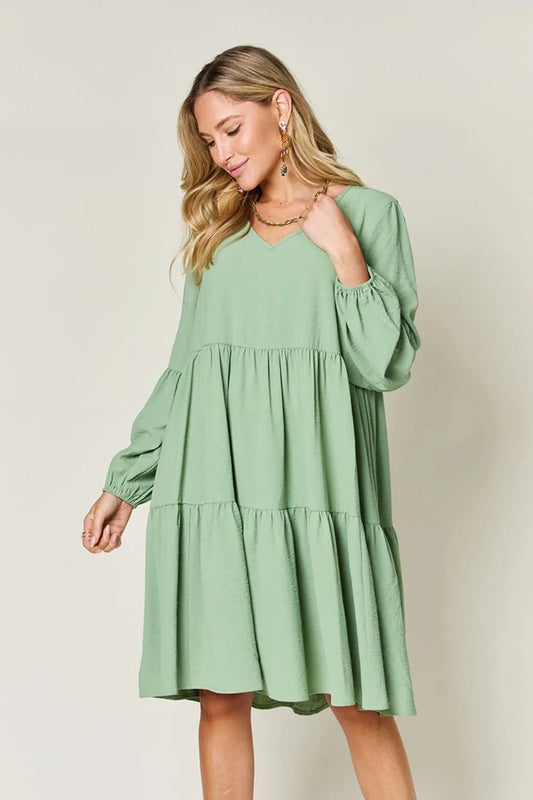Double Take Full Size V - Neck Balloon Sleeve Tiered Dress with Pockets - REPUBLIC FASHION STORE