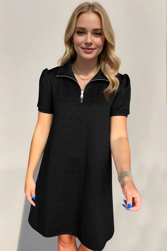 Oh Textured Quarter Zip Short Sleeve Dress - REPUBLIC FASHION STORE