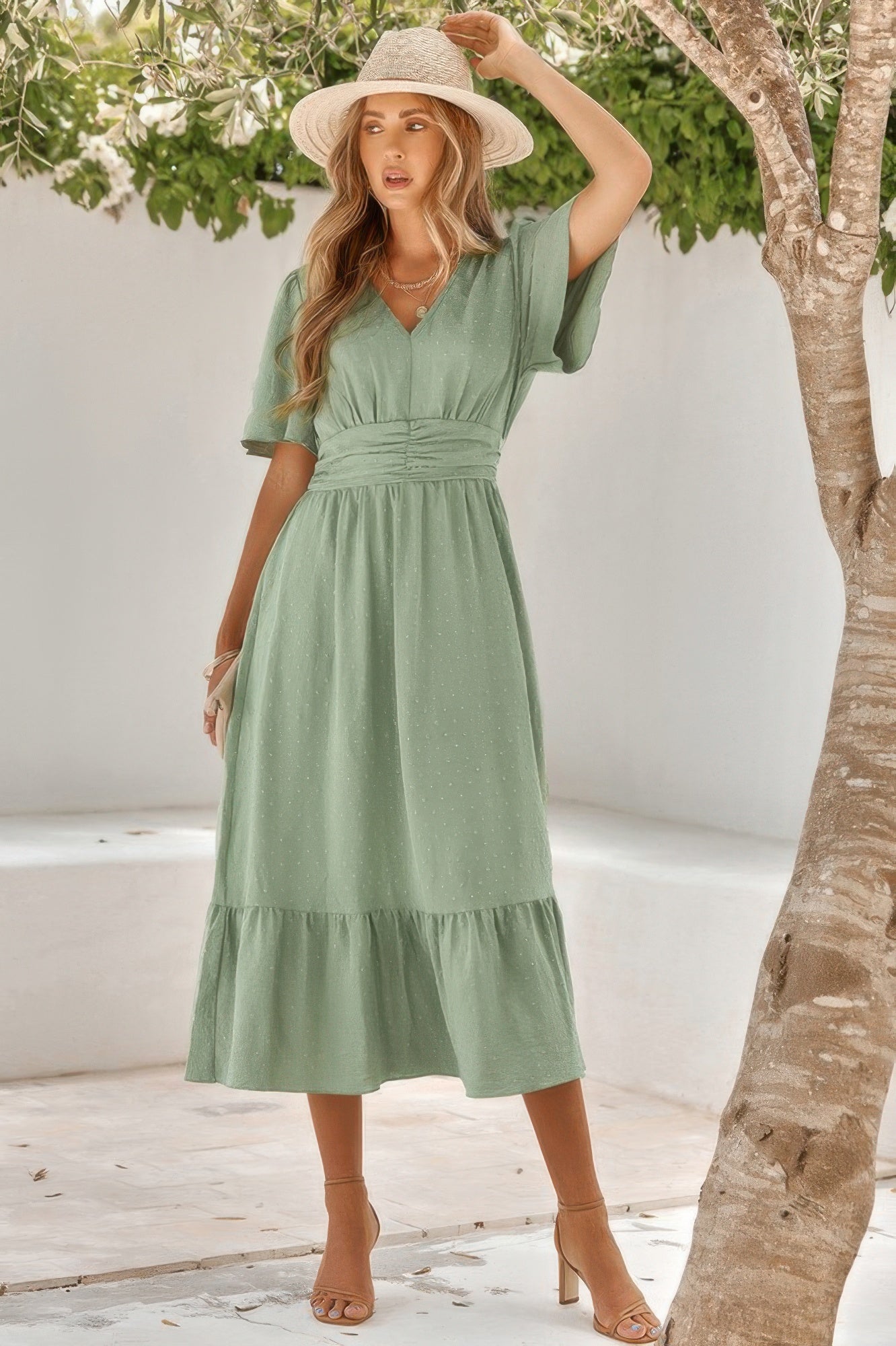 Solid V Neck Belted Wrap Layered Midi Dress - REPUBLIC FASHION STORE