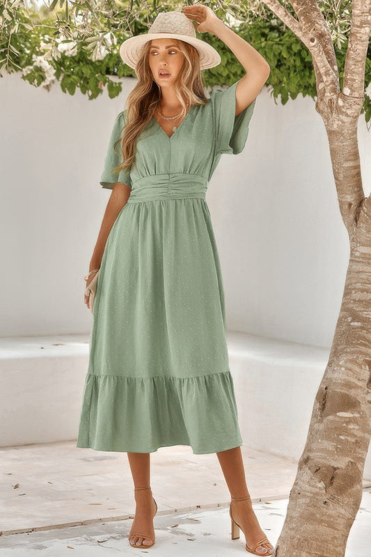 Solid V Neck Belted Wrap Layered Midi Dress - REPUBLIC FASHION STORE