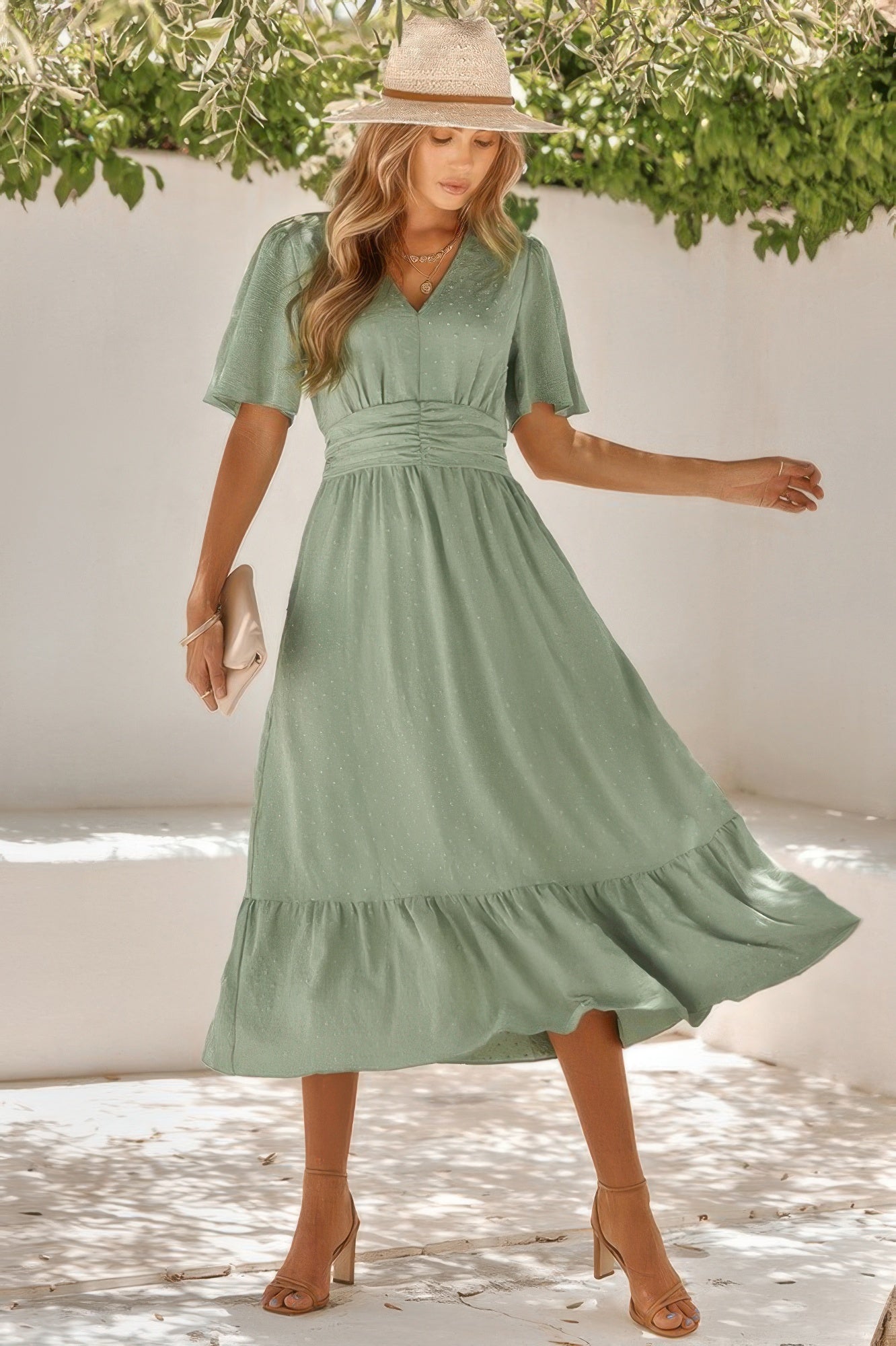 Solid V Neck Belted Wrap Layered Midi Dress - REPUBLIC FASHION STORE