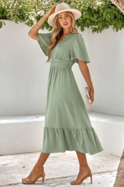 Solid V Neck Belted Wrap Layered Midi Dress - REPUBLIC FASHION STORE