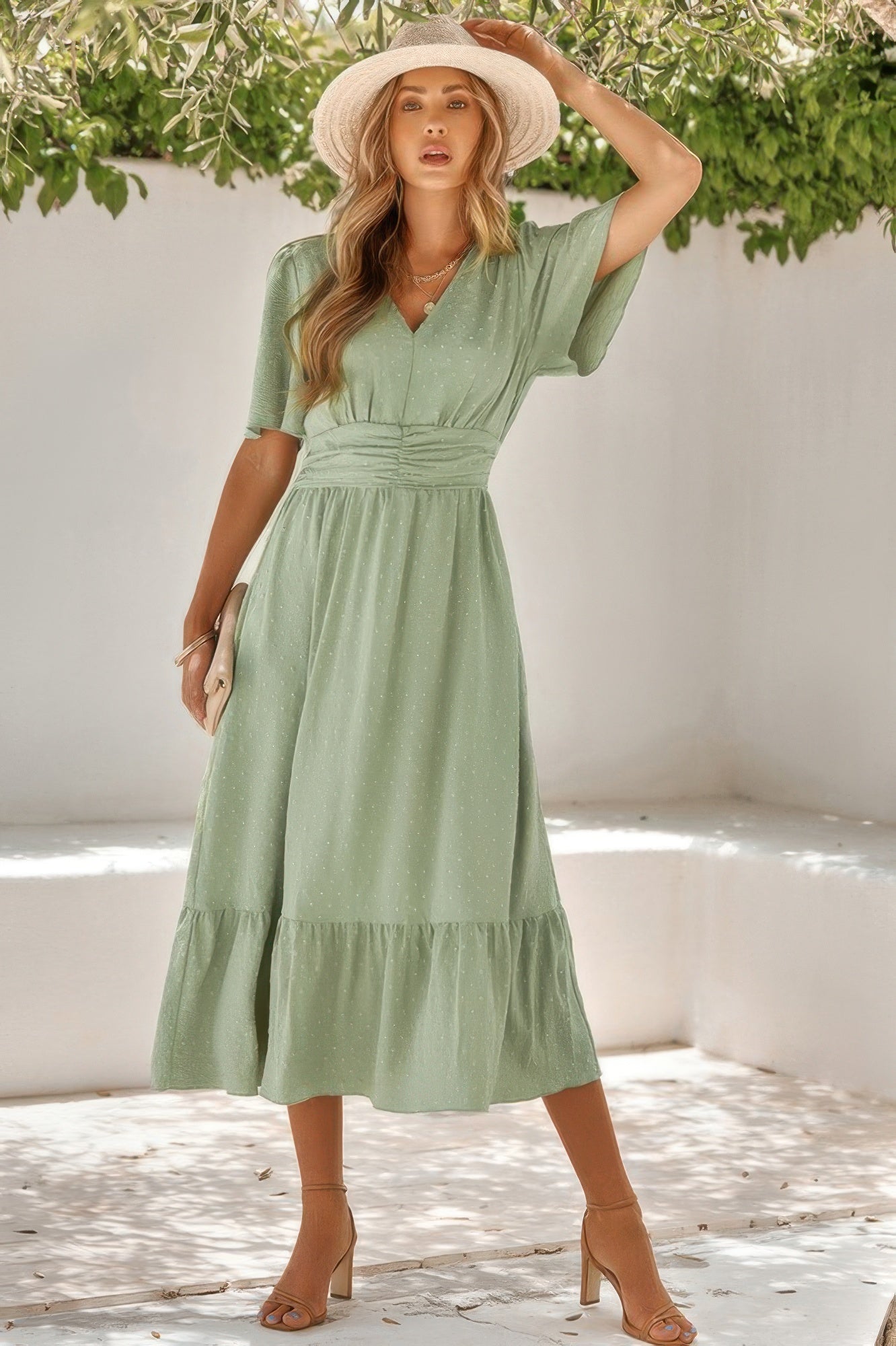 Solid V Neck Belted Wrap Layered Midi Dress - REPUBLIC FASHION STORE