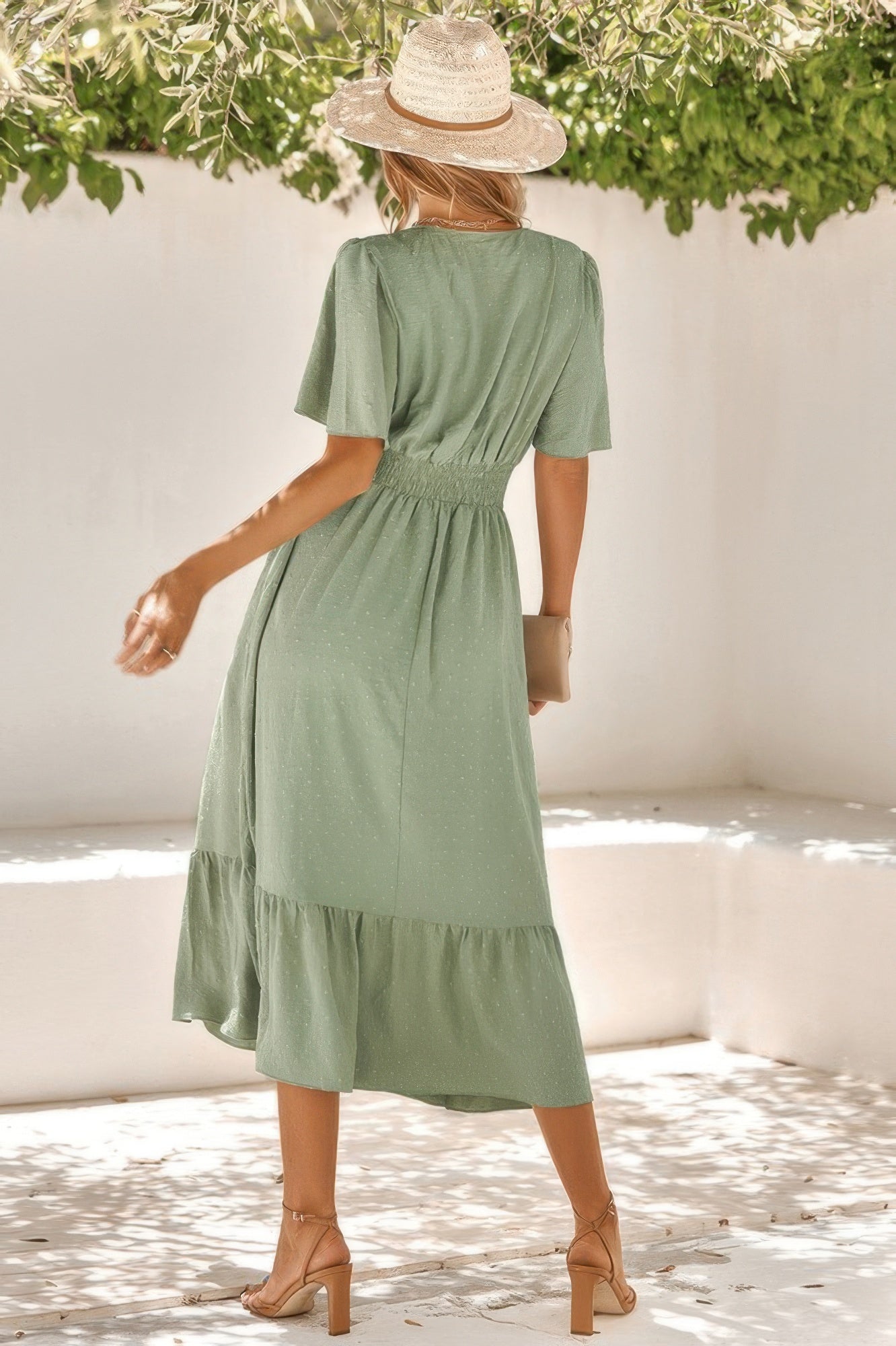 Solid V Neck Belted Wrap Layered Midi Dress - REPUBLIC FASHION STORE