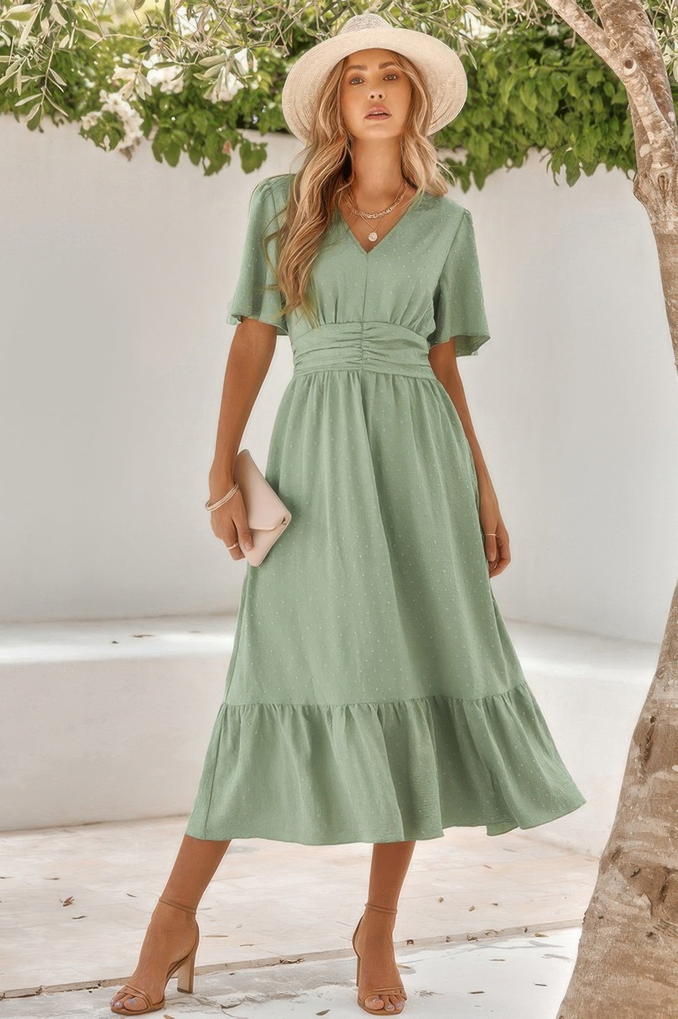 Solid V Neck Belted Wrap Layered Midi Dress - REPUBLIC FASHION STORE